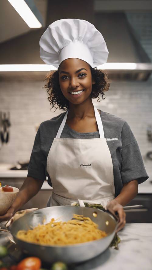 Una ragazza nera entusiasta che indossa il cappello da chef e il grembiule che cucina in una cucina moderna.