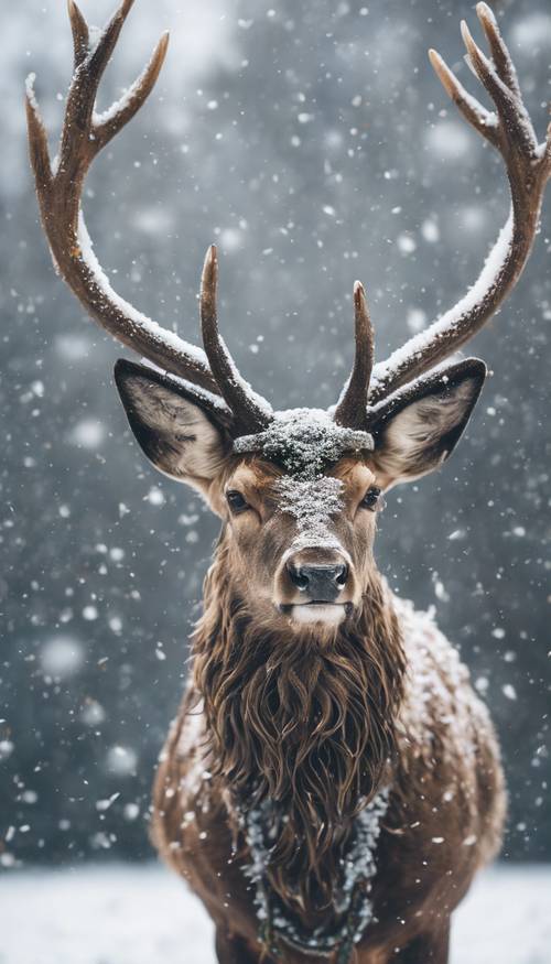 A majestic stag standing proudly in the falling snow, with a festive wreath around its neck. Kertas dinding [f5b6361a333c4f64a6ab]