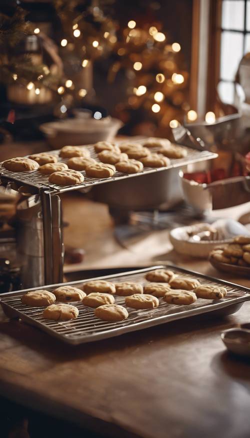 A warm and inviting Western-style kitchen where cookies are being prepared for Christmas.