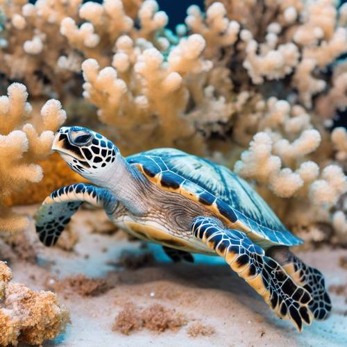 Eine vom Aussterben bedrohte Echte Karettschildkröte schwimmt zwischen gebleichten Korallen.