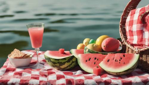 Пикник на тему арбуза на берегу спокойного озера с клетчатой ​​тканью, соломенной корзиной и лимонадом.