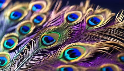 A close-up of a peacock feather shifting colors from deep blue to vibrant purple. Tapeta [985852e95de74f138746]