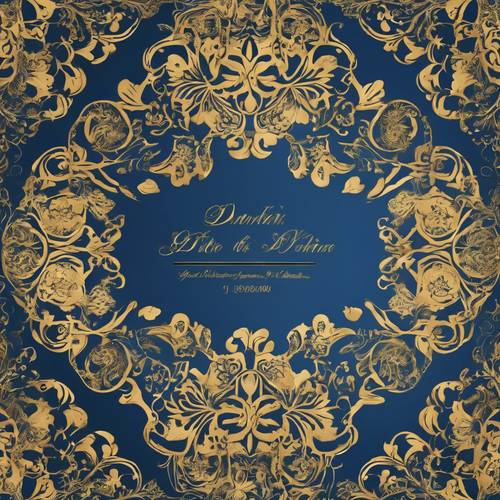A wedding invitation card with a lustrous blue and gold damask pattern.