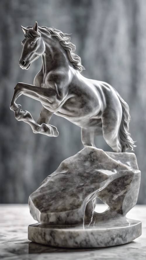 Sculpture of a rearing horse skillfully carved from gray marble.