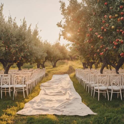 Eine rustikale Hochzeitsanordnung mit cremefarbenen Leinenstühlen in einem Apfelgarten bei Sonnenuntergang.