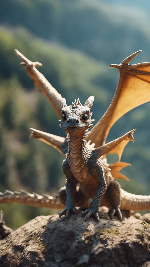 Un dragón bebé realizando su primer vuelo, su madre observando con orgullo desde su nido en la montaña.