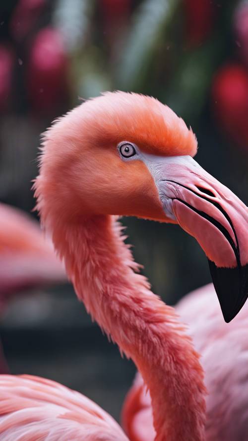 A close-up portrait of a flamboyant flamingo with dark pink and scarlet feathers.
