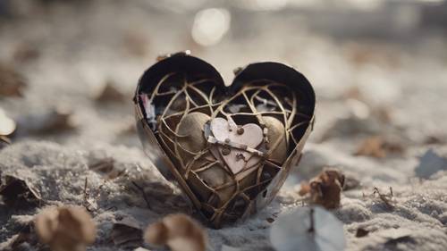 A broken heart-shaped ornament lying forgotten in a dusty attic.