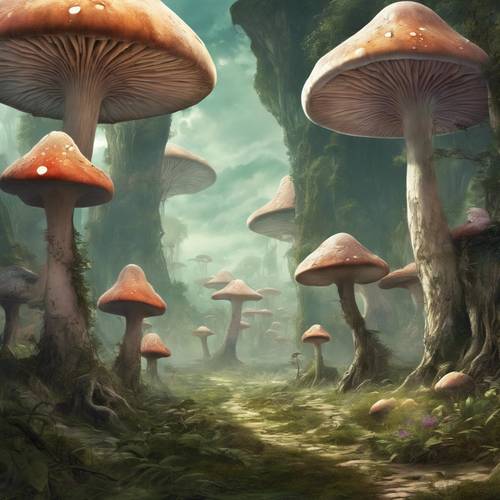 Сюрреалистический фэнтезийный пейзаж, изображающий гигантские грибные рощи в подземном царстве.