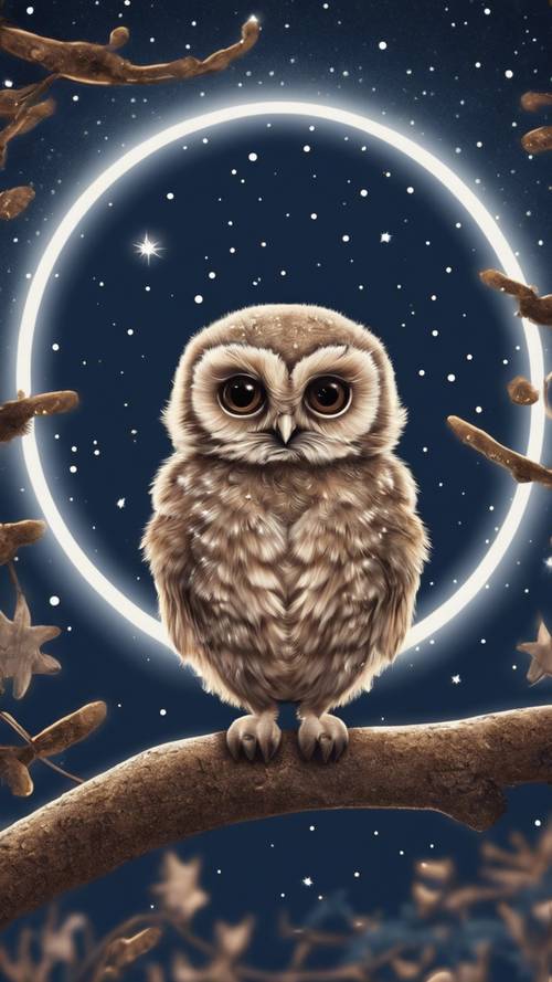 A charming and simple illustration of a baby owl perched on a tree branch under a starry night sky.