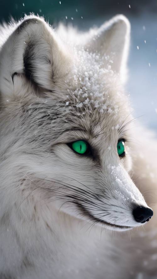 A fluffy, smoky gray arctic fox curled up in a snowy setting, its vivid green eyes staring directly at the viewer.