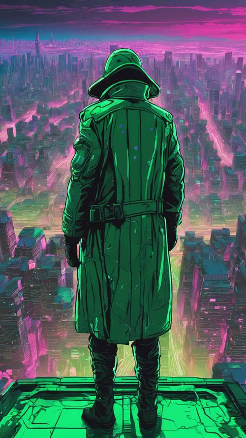 Eine einsame Gestalt in einem grünen LED-Trenchcoat blickt über eine weitläufige Cyber-Stadtlandschaft.