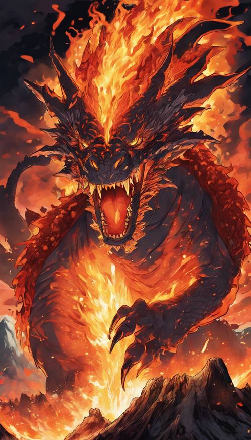 A large, ferocious fire dragon bursting out from a volcano in an anime style.