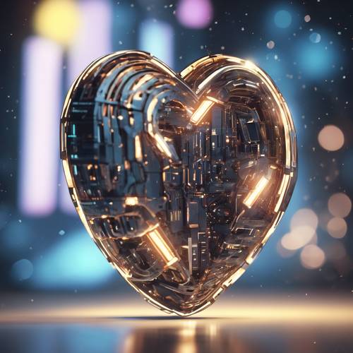 Digital 3D rendering of a futuristic half heart comprised of luminous geometric shapes.