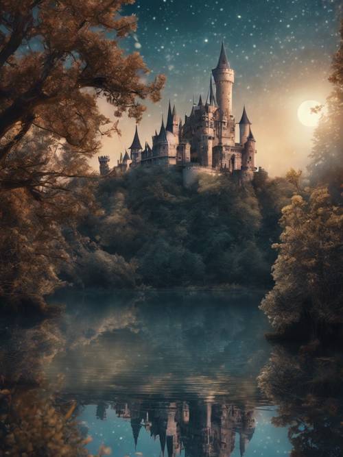 Uma colagem onírica de elementos de contos de fadas, como castelos, duendes e florestas encantadas, banhadas pelo luar.