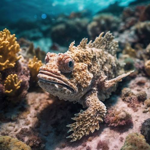 Um peixe-pedra bem camuflado descansando no fundo rochoso do oceano, esperando pacientemente por sua presa.