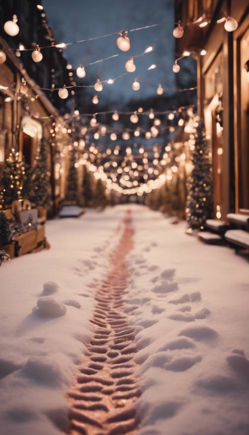 Footprints in the snow leading towards a rose gold-lit Christmas market. Wallpaper [e507e571f4e4471e8edc]