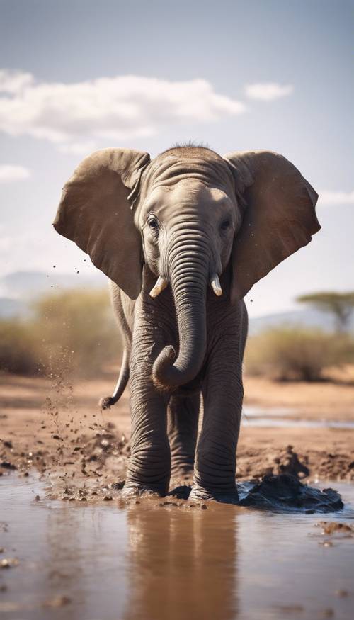ลูกช้างแสนน่ารักกำลังเพลิดเพลินกับการอาบโคลนอย่างสงบภายใต้ท้องฟ้าสดใสของแอฟริกา