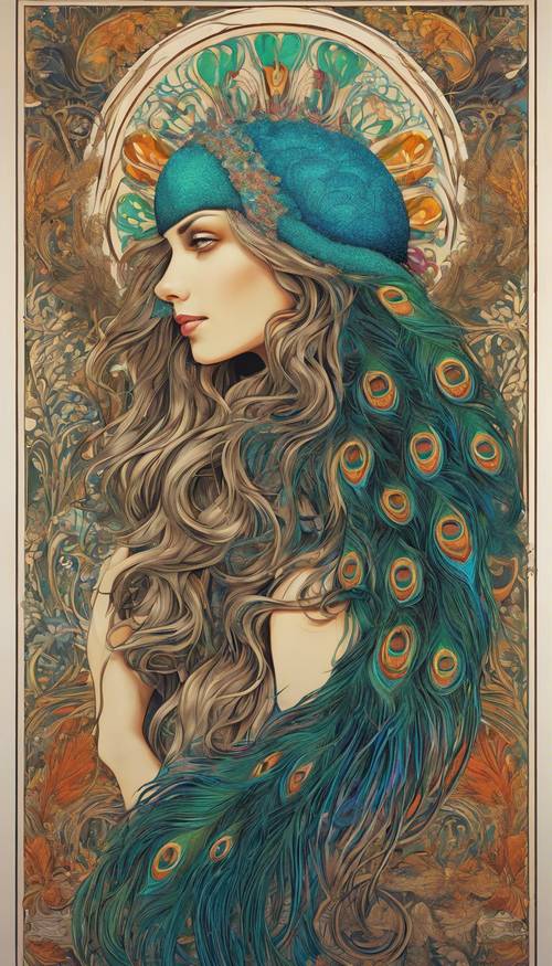 Un vivace poster in stile Art Nouveau raffigurante una donna con lunghi capelli fluenti circondata da motivi dettagliati di piume di pavone.