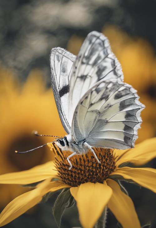 A tiny white and gray butterfly sitting on a yellow sunflower.