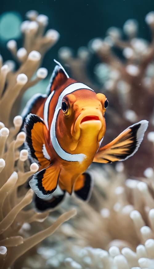 Un pesce pagliaccio che galleggia in acque limpide, i suoi colori normalmente vibranti sostituiti con un filtro artistico in bianco e nero.