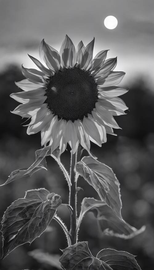 Bunga matahari yang indah dan lembut tertiup angin sepoi-sepoi, di bawah sinar bulan, ditampilkan dalam warna hitam dan putih.