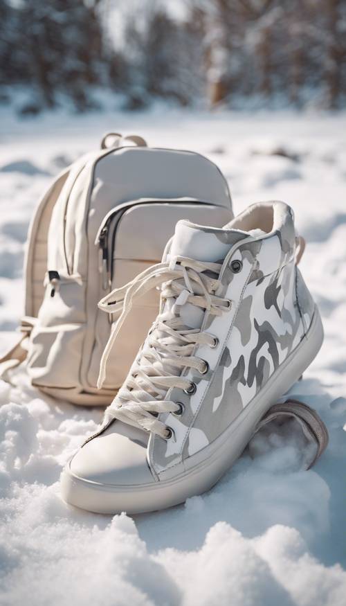 Un paio di sneakers bianche mimetiche accanto a uno zaino coordinato sulla neve bianca cremosa.