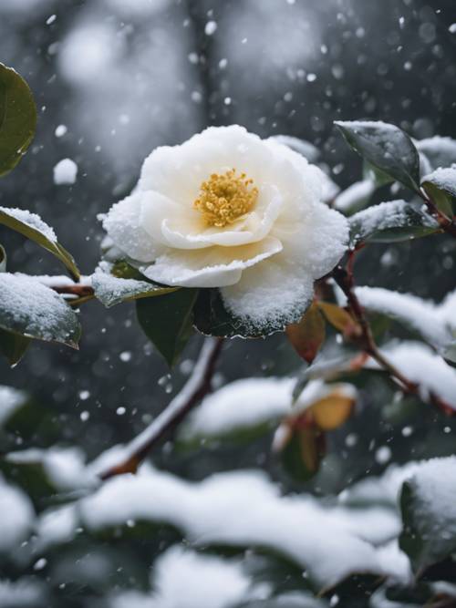The first snowfall adorning a black camellia in an imperial Japanese garden.