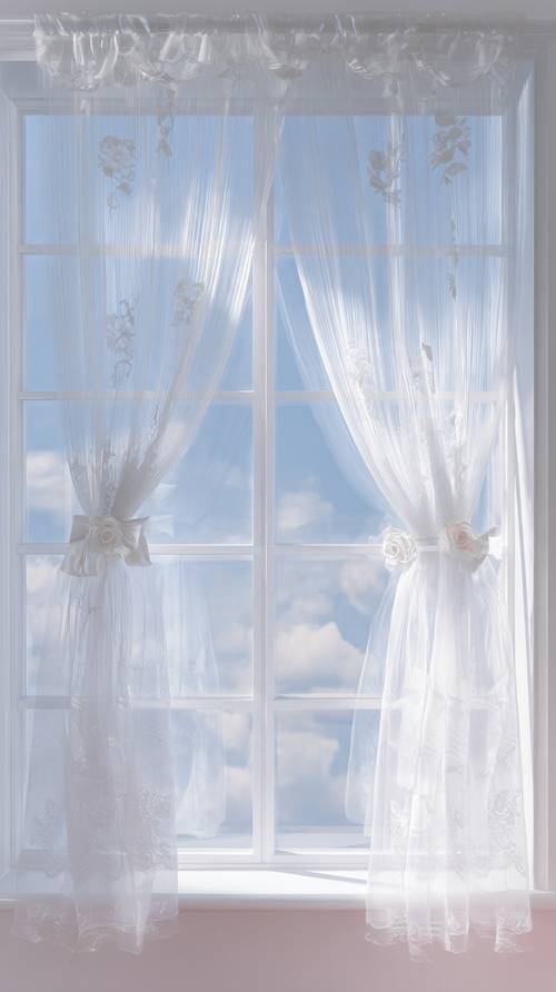 White Curtains and Blue Sky with Clouds کاغذ دیواری [0f9e71faafae4c4783ef]