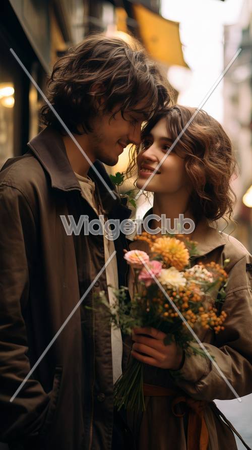 도시에 꽃을 들고 있는 로맨틱 커플