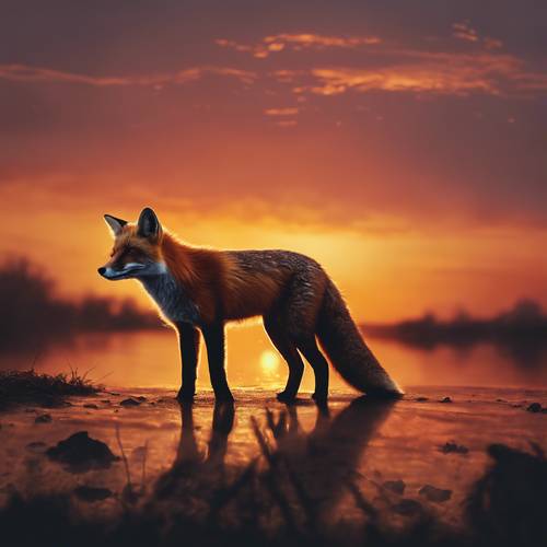 The crisp silhouette of a fox standing proud against the backdrop of a fiery sunset. Tapet [e167af1868bf41519fb7]