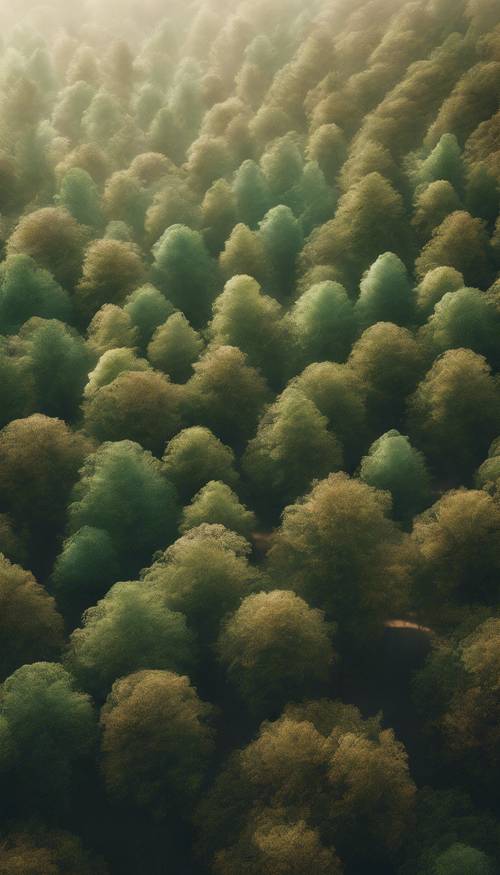 تمثيل تجريدي لغابة تتكون من كتل ملونة باللونين الأخضر والبني فقط، مع التركيز على البساطة والبساطة.