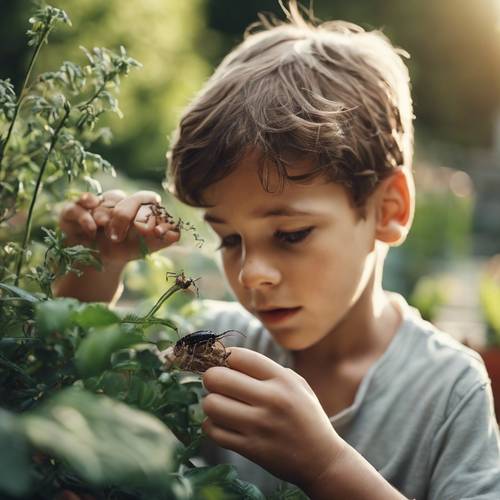 Мальчик с любопытством осматривает насекомых в саду.