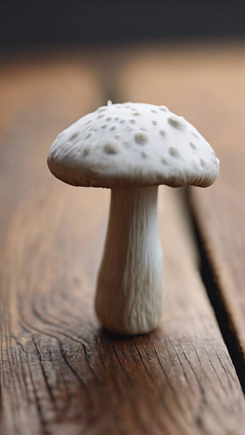 坐在木切板上的白色紐扣蘑菇的特寫。