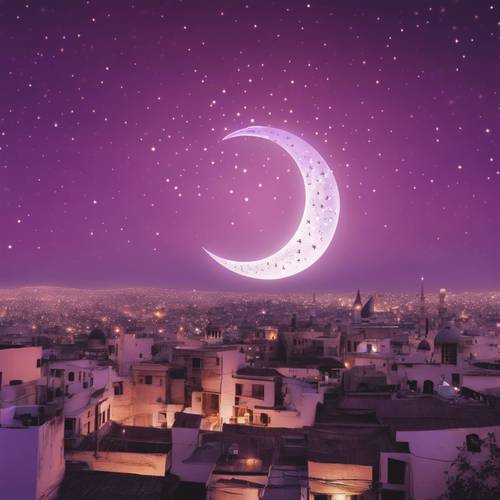 Eine Mondsichel und ein Stern, Symbole des Islam, schweben in einem violetten Abendhimmel, um den Beginn des Ramadan zu signalisieren.