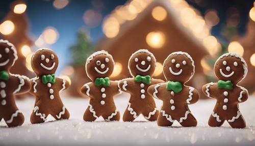 Um grupo de alegres bonecos de gengibre dançando ao redor de uma árvore de Natal polvilhada com açúcar.