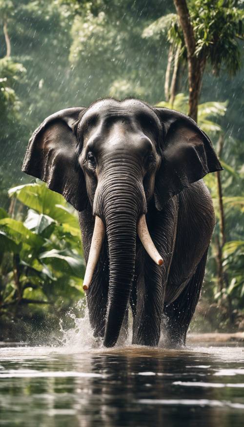 Elefante asiatico che fa il bagno in un fiume, con gocce d&#39;acqua ghiacciate a metà degli spruzzi, con flora tropicale sullo sfondo.