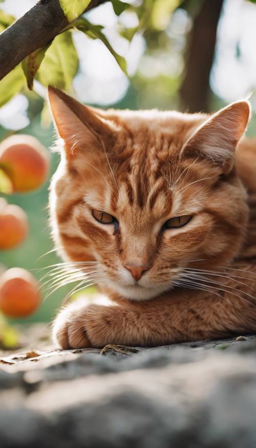 חתול בצבע חלודה התכרבל מתחת לעץ אפרסק, ישן בשקט.
