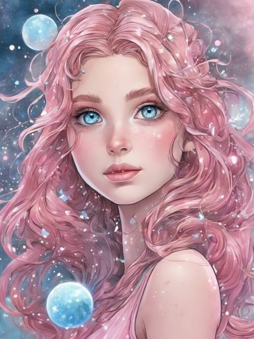 一個可愛的手繪星系，所有星星都有淡藍色的大眼睛和粉紅色的臉頰。