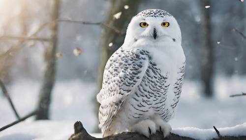 A blissful snowy owl perched on a branch holding a white leaf.