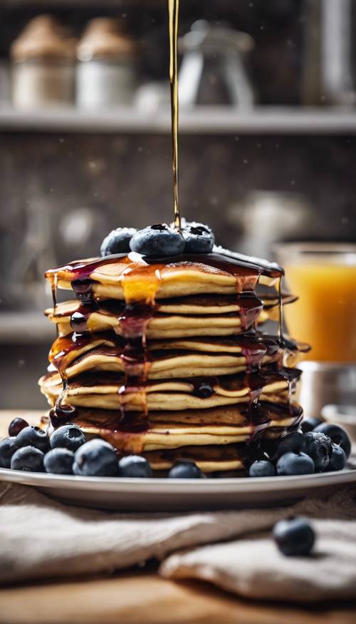 A comforting image of a mile-high stack of blueberry pancakes dripping with maple syrup, nestled in a cozy kitchen