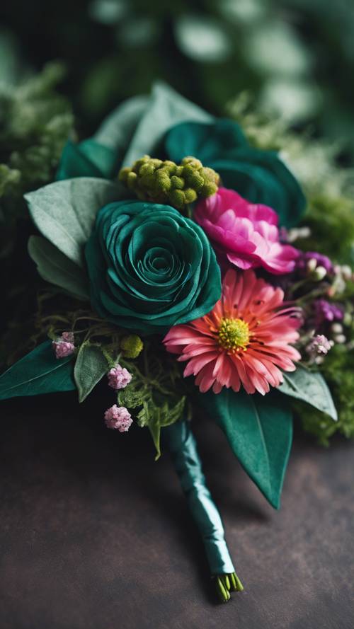 A boutonniere made of dark green leaves and vibrant flowers.