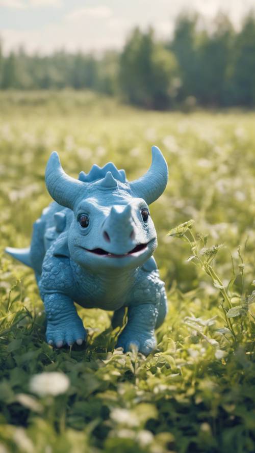 Un triceratopo azzurro che si diverte in un prato esteso sotto un cielo soleggiato.