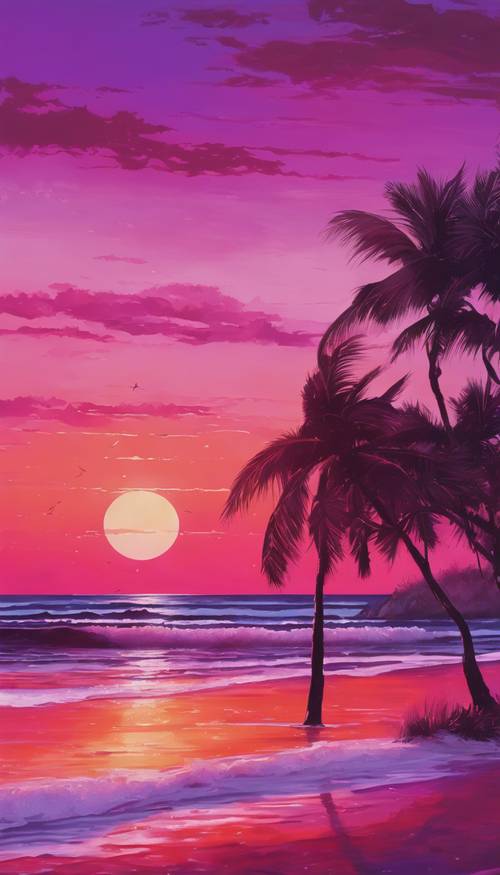 Une peinture dégradée preppy d&#39;une plage au coucher du soleil avec des rouges profonds se fondant dans des violets.