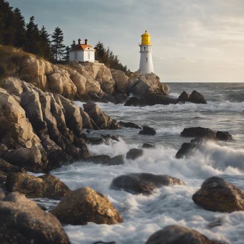 A white lighthouse on a rocky coast with a yellow beacon. Tapeta [cb97c804aaed489891c6]