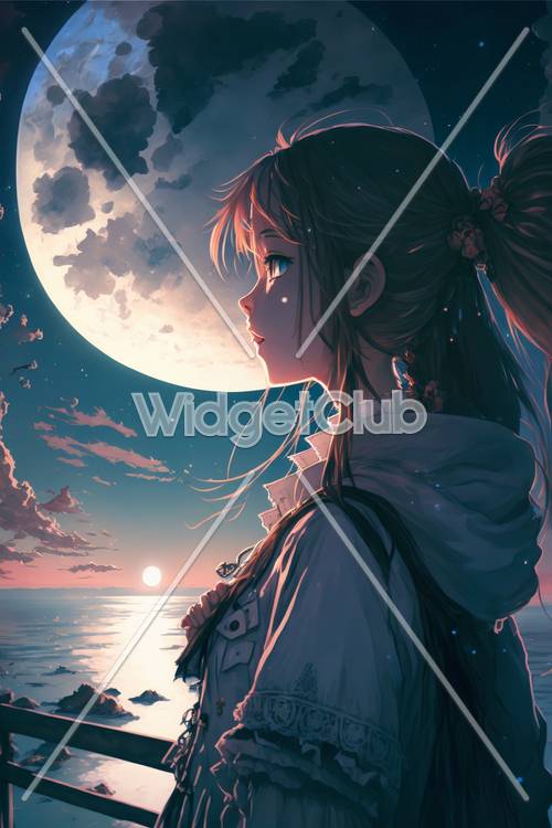 Moonlit Anime Girl by the Sea