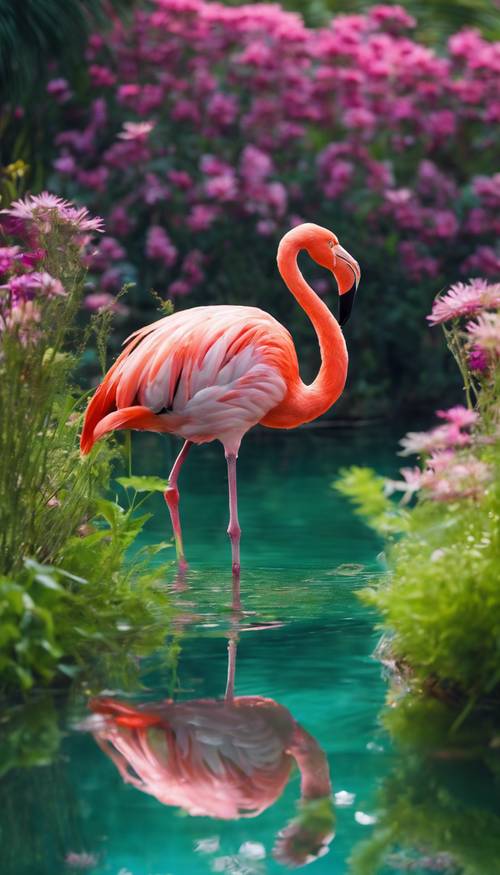 一隻充滿活力的火烈鳥在清澈的綠色池塘裡喝水，背景是五顏六色的野花。
