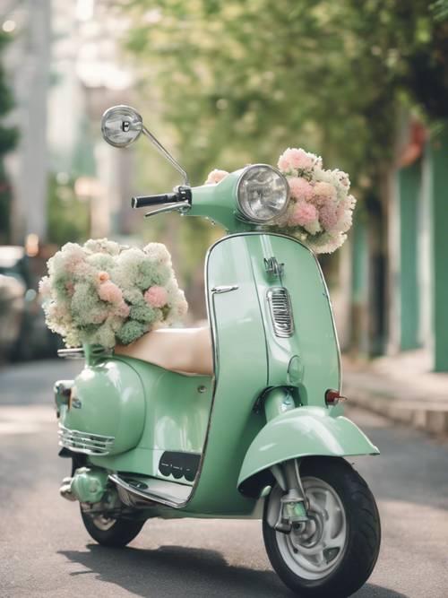 可愛らしいキャラクターが花柄ヘルメットをかぶっている、おしゃれなパステルグリーンのスクーター