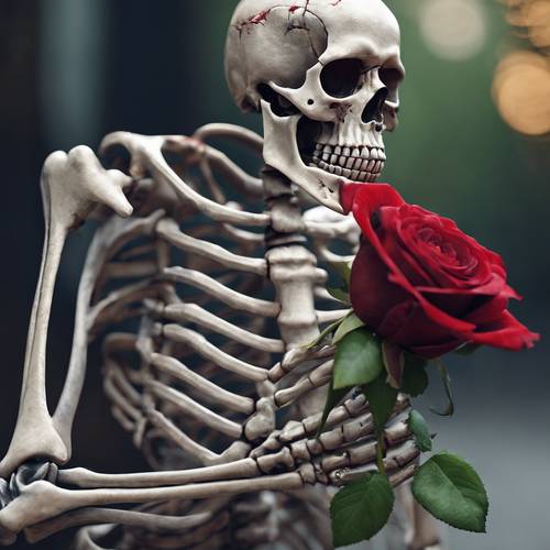 Sebuah kerangka memegang mawar merah yang indah di tangannya.