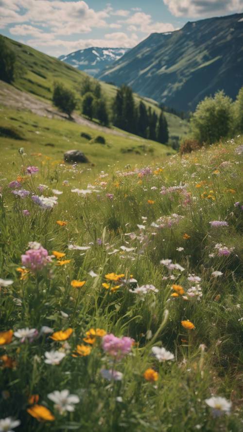 Una pradera prístina enclavada en lo alto de las montañas, repleta de flores silvestres y palpitante con la vitalidad de la primavera. Fondo de pantalla [67fbe91cd8874ce098ee]